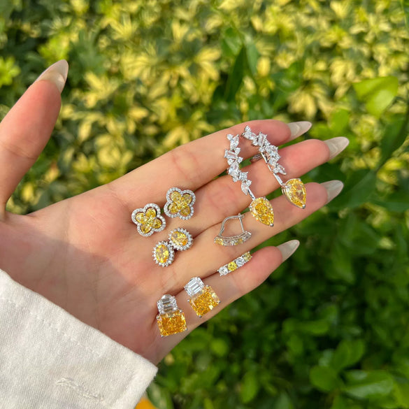 Women's S925 Sterling Silver Fourleaf Clover Butterfly Geometric Emerald Yellow Zirconium Electroplated Earrings