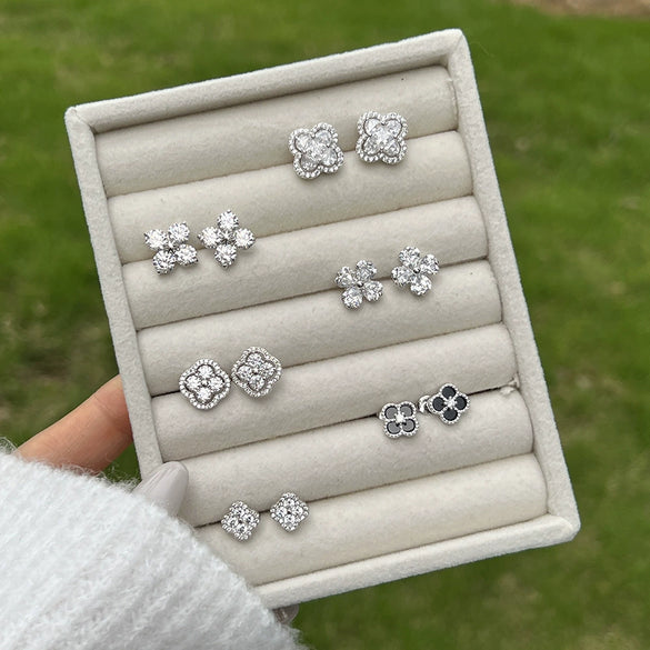 Women's S925 Sterling Silver Fourleaf Clover Zircon Bead Earrings With Flower Pattern And Electroplating Design