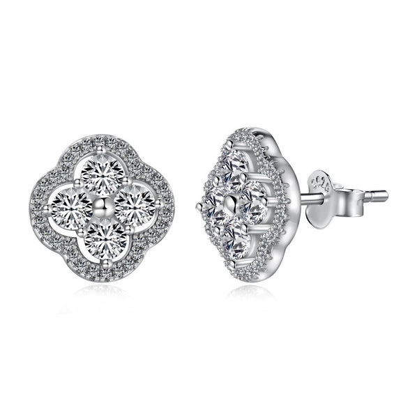 Women's S925 Sterling Silver Fourleaf Clover Zircon Bead Earrings With Flower Pattern And Electroplating Design