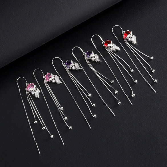 Women's S925 Sterling Silver Fox Round Bead Tassel Threader Earrings Light Luxury Animal Style Elegant Fashion Jewelry