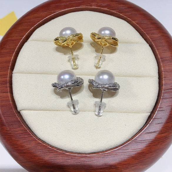 Women's S925 Sterling Silver Freshwater Pearl Earrings With Microinlaid Zircon And Bird's Nest Design Oblate Shape