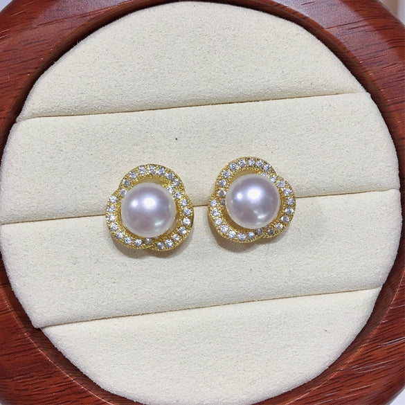 Women's S925 Sterling Silver Freshwater Pearl Earrings With Microinlaid Zircon And Bird's Nest Design Oblate Shape