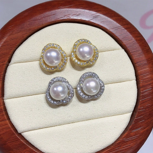 Women's S925 Sterling Silver Freshwater Pearl Earrings With Microinlaid Zircon And Bird's Nest Design Oblate Shape