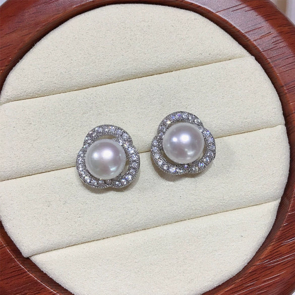 Women's S925 Sterling Silver Freshwater Pearl Earrings With Microinlaid Zircon And Bird's Nest Design Oblate Shape