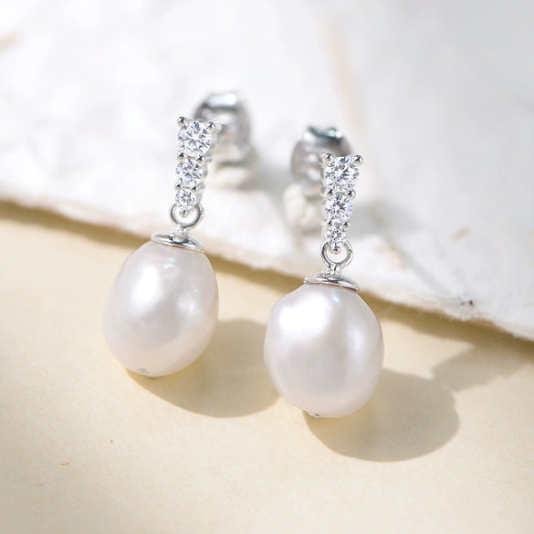 Women's S925 Sterling Silver Freshwater Pearl Geometric Micropaved Zircon Earrings