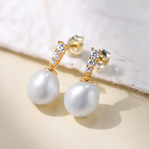 Women's S925 Sterling Silver Freshwater Pearl Geometric Micropaved Zircon Earrings