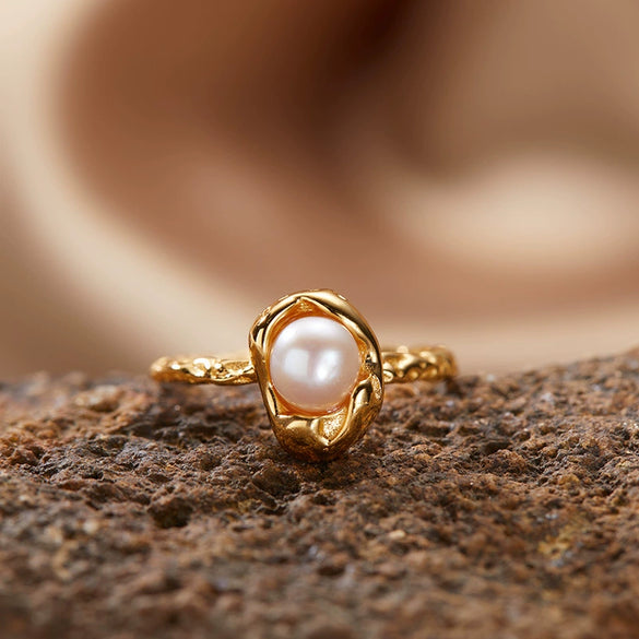 Women's S925 Sterling Silver Freshwater Pearl Ring With Geometric Ushaped Pattern Set With Gems Plated With 18K Gold