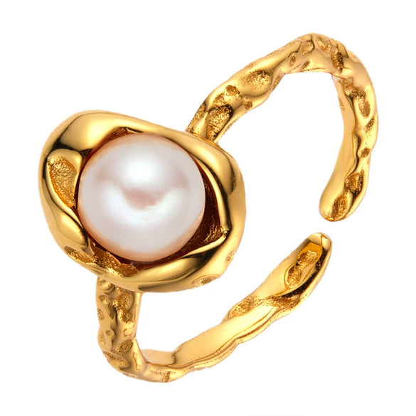 Women's S925 Sterling Silver Freshwater Pearl Ring With Geometric Ushaped Pattern Set With Gems Plated With 18K Gold