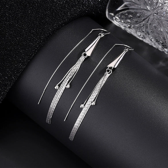 Women's S925 Sterling Silver Geometric Calla Long Tassel Ear Line Earrings Light Luxury Fashion Jewelry