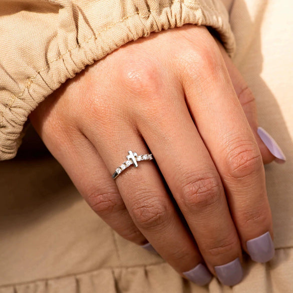 Women's S925 Sterling Silver Geometric Cross Inlaid Zircon Ring Electroplated