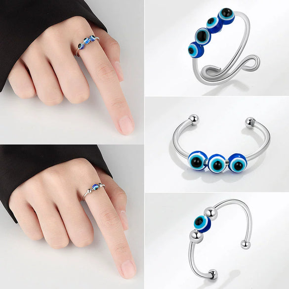 Women's S925 Sterling Silver Geometric Fish Eye Anti Anxiety Ring With Micro Bead Open Adjustable Design Electroplated Finish