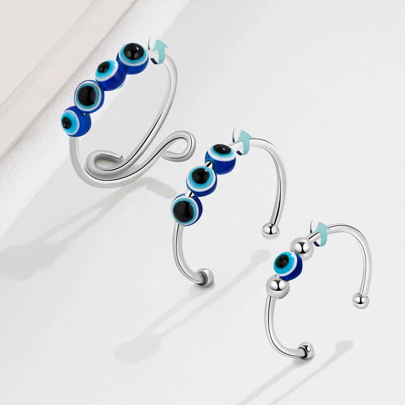 Women's S925 Sterling Silver Geometric Fish Eye Anti Anxiety Ring With Micro Bead Open Adjustable Design Electroplated Finish