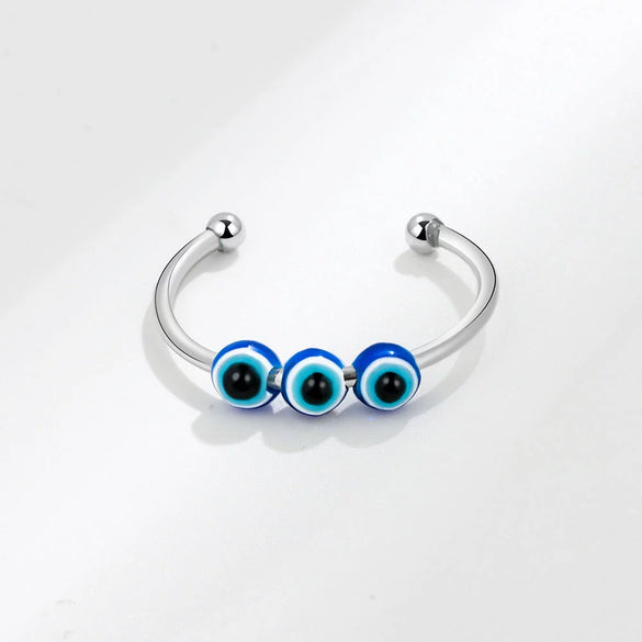 Women's S925 Sterling Silver Geometric Fish Eye Anti Anxiety Ring With Micro Bead Open Adjustable Design Electroplated Finish