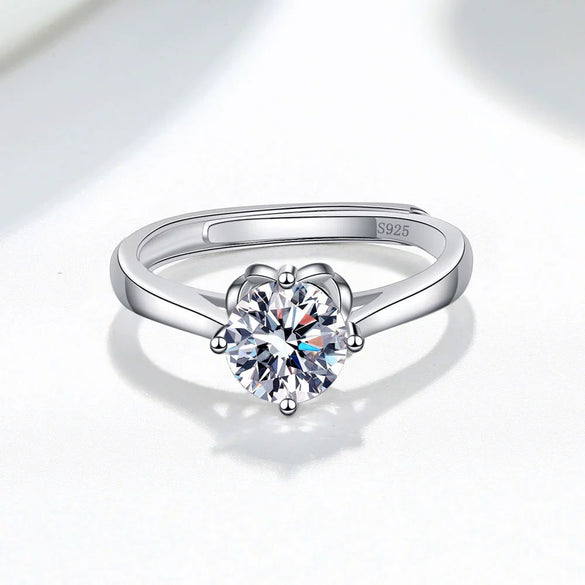 Women's S925 Sterling Silver Geometric Flower And Leaf Open Ring With Four Claw Detail Electroplated Fashion Jewelry