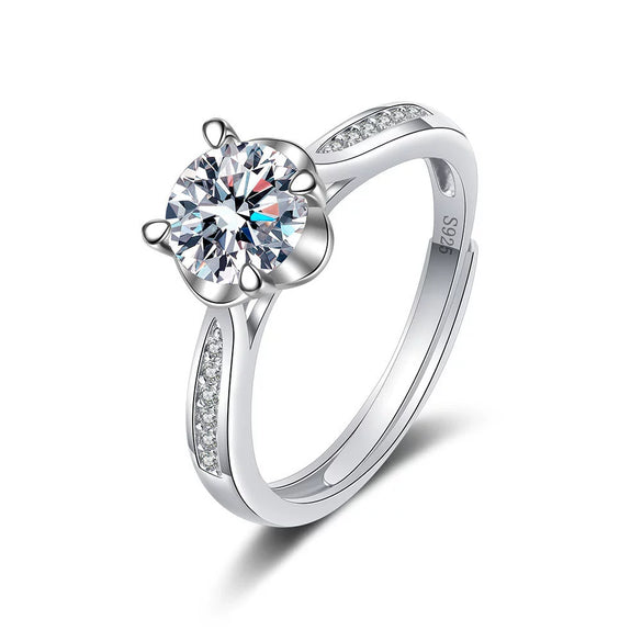Women's S925 Sterling Silver Geometric Four Claw Full Diamond Adjustable Open Ring With Electroplated Finish