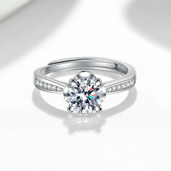 Women's S925 Sterling Silver Geometric Four Claw Full Diamond Adjustable Open Ring With Electroplated Finish