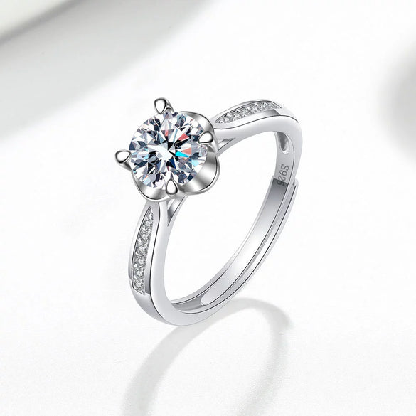 Women's S925 Sterling Silver Geometric Four Claw Full Diamond Adjustable Open Ring With Electroplated Finish