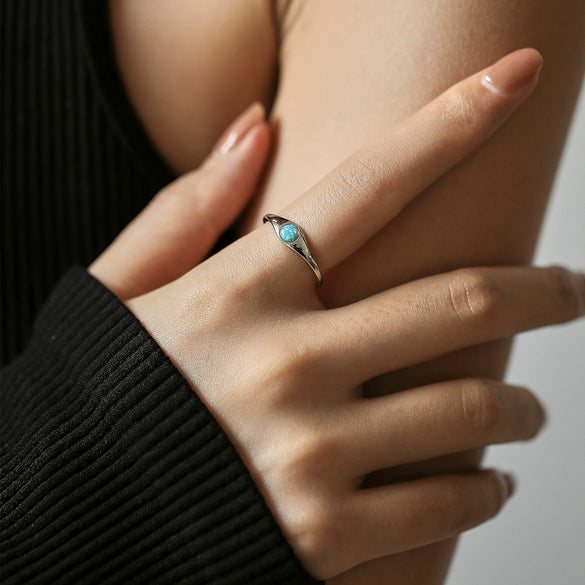 Women's S925 Sterling Silver Geometric French Retro Gem Inlaid Opal Ring