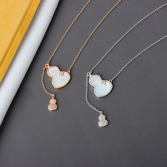 Women's S925 Sterling Silver Geometric Gourd Pendant Necklace With Tassel Electroplated Clavicle Chain Light Luxury Trendy Jewelry