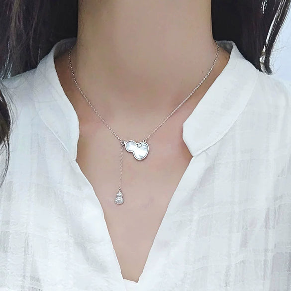 Women's S925 Sterling Silver Geometric Gourd Pendant Necklace With Tassel Electroplated Clavicle Chain Light Luxury Trendy Jewelry