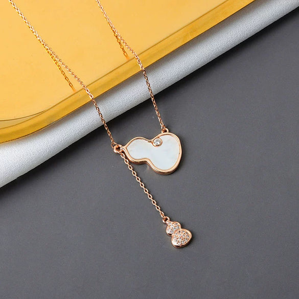 Women's S925 Sterling Silver Geometric Gourd Pendant Necklace With Tassel Electroplated Clavicle Chain Light Luxury Trendy Jewelry
