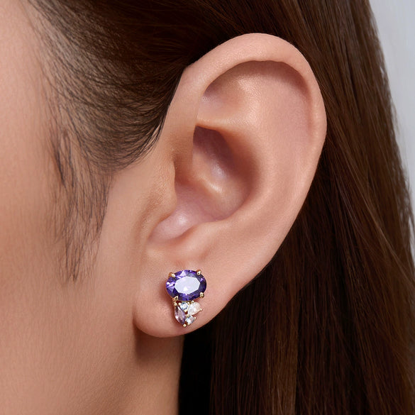 Women's S925 Sterling Silver Geometric Horse Eye Oval Purple Zircon Earrings With Diamond Design