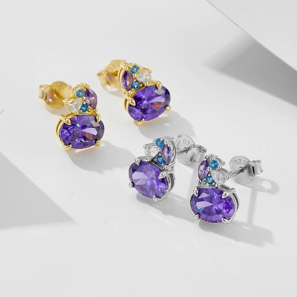 Women's S925 Sterling Silver Geometric Horse Eye Oval Purple Zircon Earrings With Diamond Design