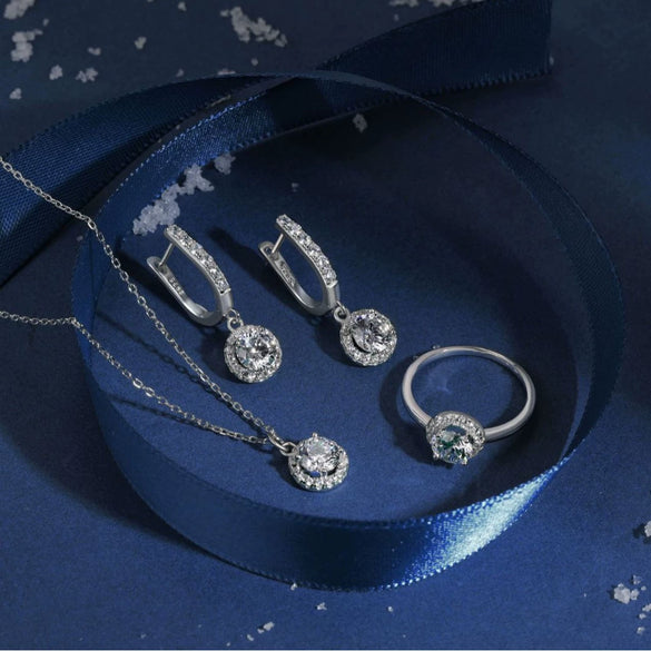 Women's S925 Sterling Silver Geometric Ice Flower Cut Zircon Jewelry Set Ring Necklace Earrings With Electroplating