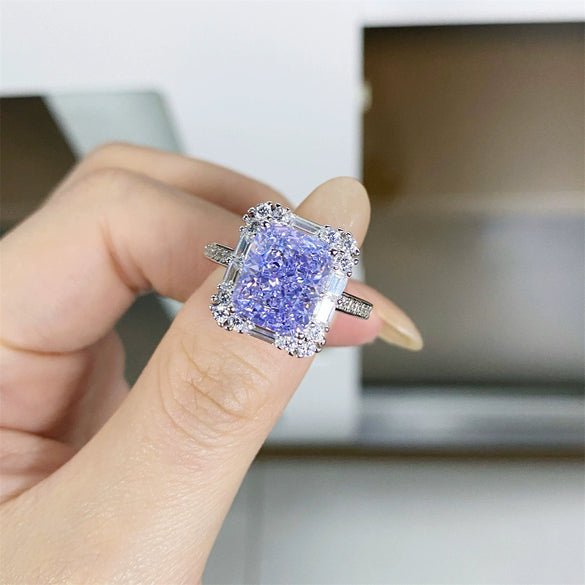 Women's S925 Sterling Silver Geometric Lavender Ice Flower Cut Ring With 8A Radon Cut Zircon And Electroplating