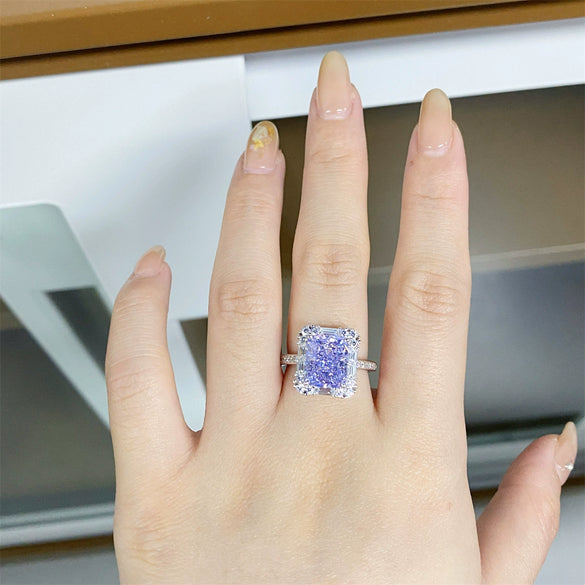 Women's S925 Sterling Silver Geometric Lavender Ice Flower Cut Ring With 8A Radon Cut Zircon And Electroplating