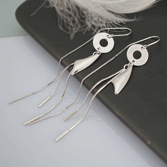 Women's S925 Sterling Silver Geometric Long Tassel Earrings With Smooth Minimalist Design And Elegant Statement Style