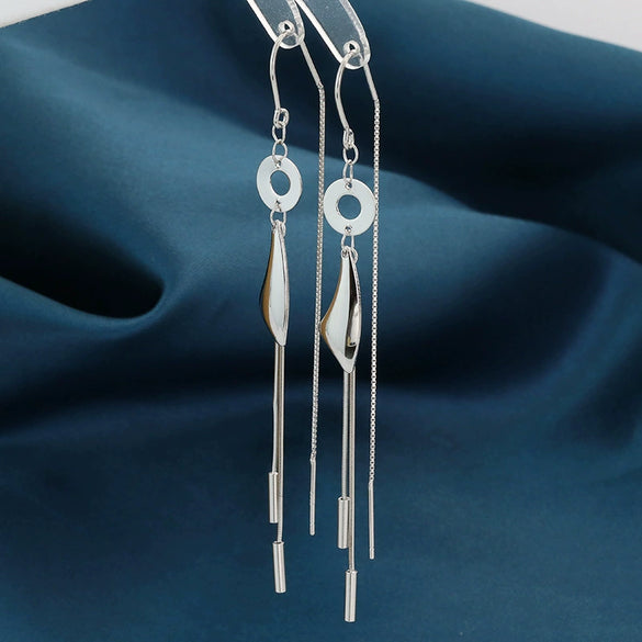 Women's S925 Sterling Silver Geometric Long Tassel Earrings With Smooth Minimalist Design And Elegant Statement Style