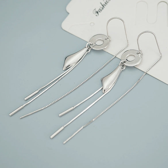 Women's S925 Sterling Silver Geometric Long Tassel Earrings With Smooth Minimalist Design And Elegant Statement Style