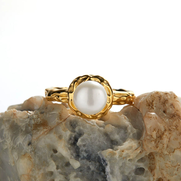 Women's S925 Sterling Silver Geometric Natural Freshwater Pearl Inlaid Ring