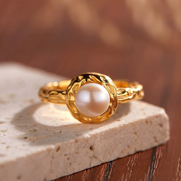 Women's S925 Sterling Silver Geometric Natural Freshwater Pearl Inlaid Ring
