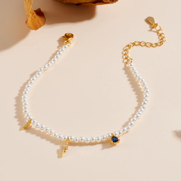 Women's S925 Sterling Silver Geometric Pearl Bracelet With Diamond Treatment