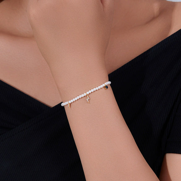 Women's S925 Sterling Silver Geometric Pearl Bracelet With Diamond Treatment
