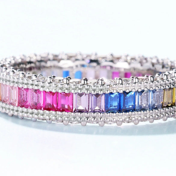 Women's S925 Sterling Silver Geometric Rainbow Zircon Finger Ring