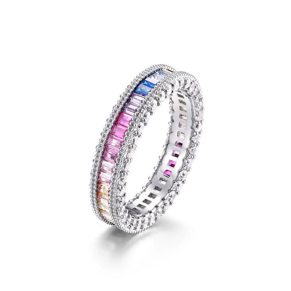 Women's S925 Sterling Silver Geometric Rainbow Zircon Finger Ring