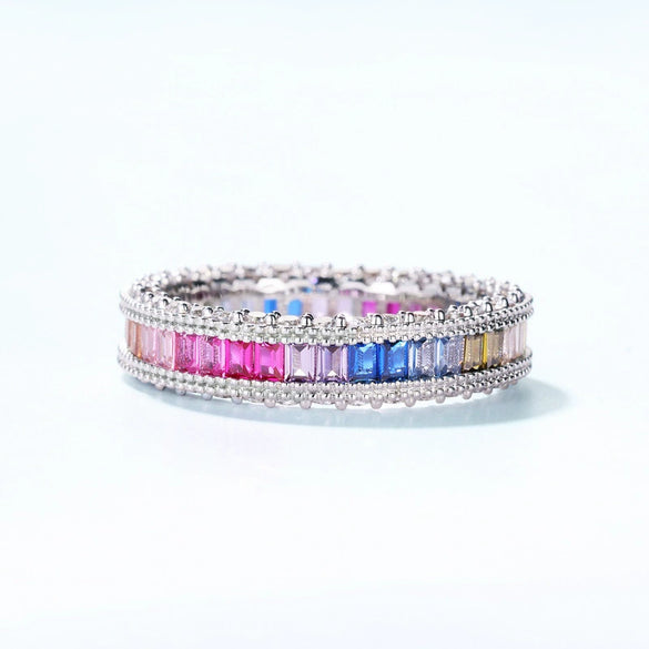 Women's S925 Sterling Silver Geometric Rainbow Zircon Finger Ring