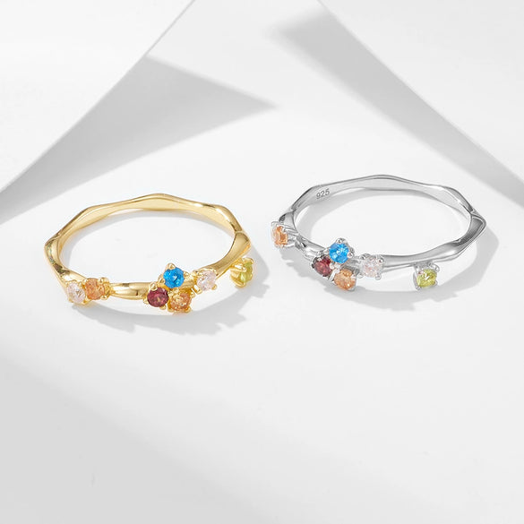 Women's S925 Sterling Silver Geometric Rainbow Zircon Inlaid Ring