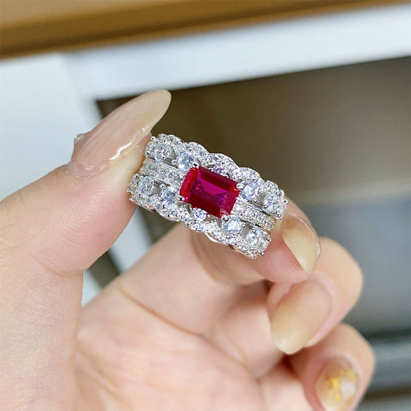 Women's S925 Sterling Silver Geometric Ruby Corundum Emerald Cut Diamond Ring Light Luxury Style