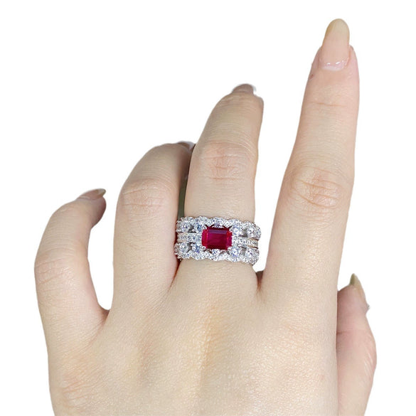 Women's S925 Sterling Silver Geometric Ruby Corundum Emerald Cut Diamond Ring Light Luxury Style