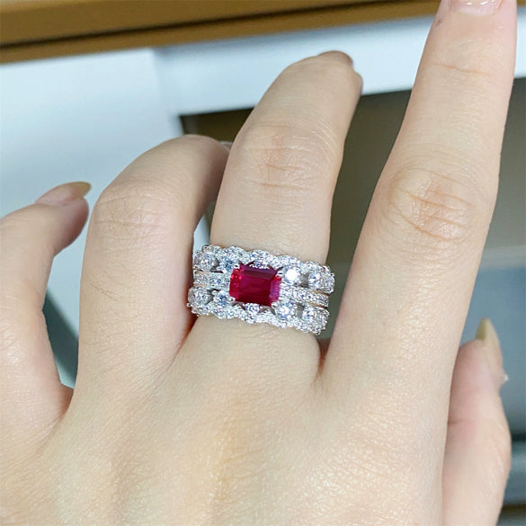 Women's S925 Sterling Silver Geometric Ruby Corundum Emerald Cut Diamond Ring Light Luxury Style
