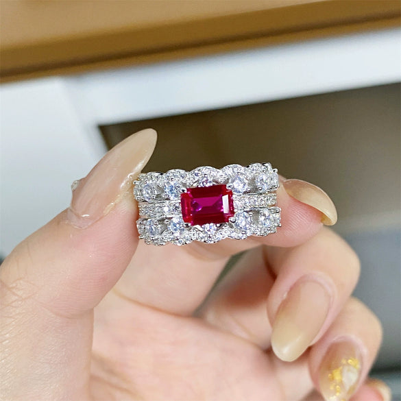 Women's S925 Sterling Silver Geometric Ruby Corundum Emerald Cut Diamond Ring Light Luxury Style