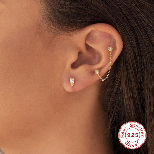 Women's S925 Sterling Silver Geometric Single Diamond Chain Earrings Simple Style