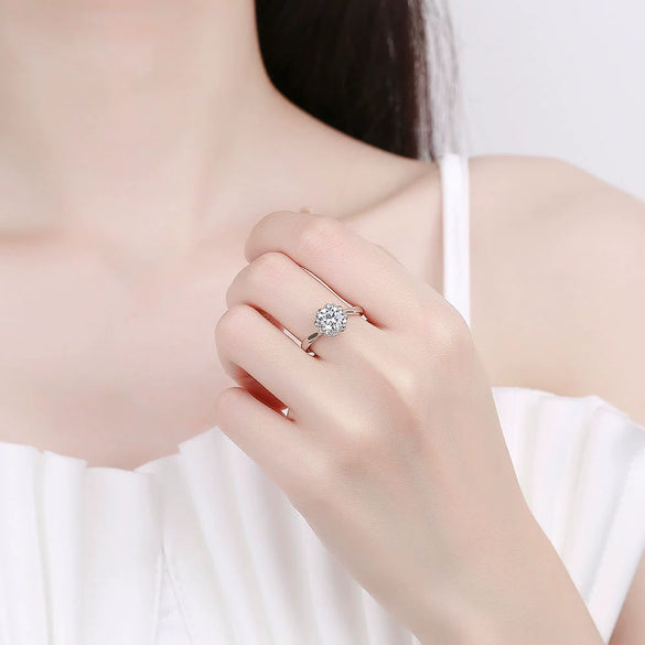 Women's S925 Sterling Silver Geometric Snowflake Ring With Moissanite Adjustable Electroplated Fine Jewelry