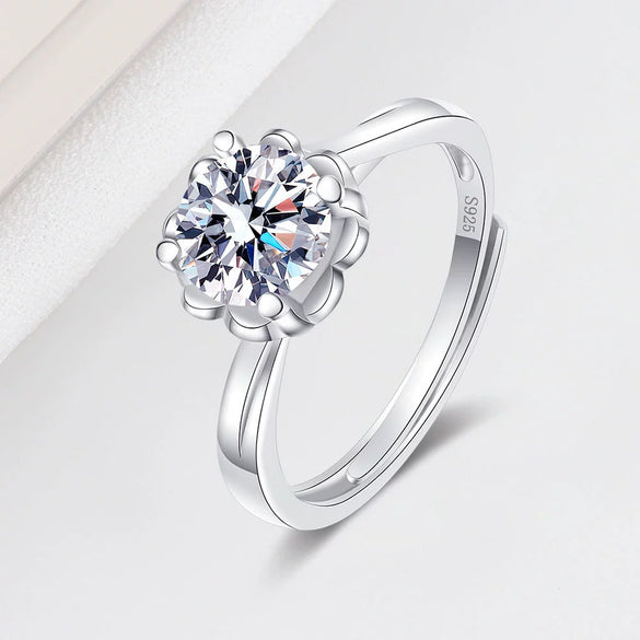 Women's S925 Sterling Silver Geometric Snowflake Ring With Moissanite Adjustable Electroplated Fine Jewelry
