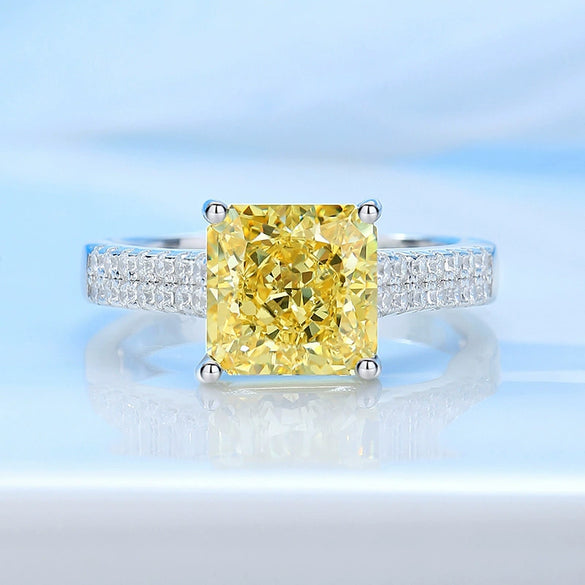 Women's S925 Sterling Silver Geometric Style Fourclaw Yellow Diamond Small Square Sugar Diamond Ring Minimalist Design