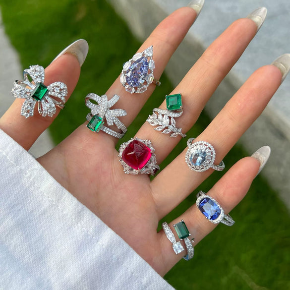 Women's S925 Sterling Silver Geometric Water Drop Bow Ring With Colorful Pagoda Zircon And Exquisite Gemstone Electroplated